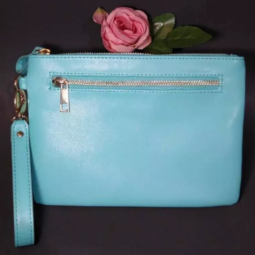 Forever 21 Womens Wristlet Bag Turquoise Blue Detachable Strap Zip Vegan Small